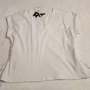 Rebel Wilson X Angels Womens Cap Sleeve V Neck Lace Up Sides White Size 2X Top